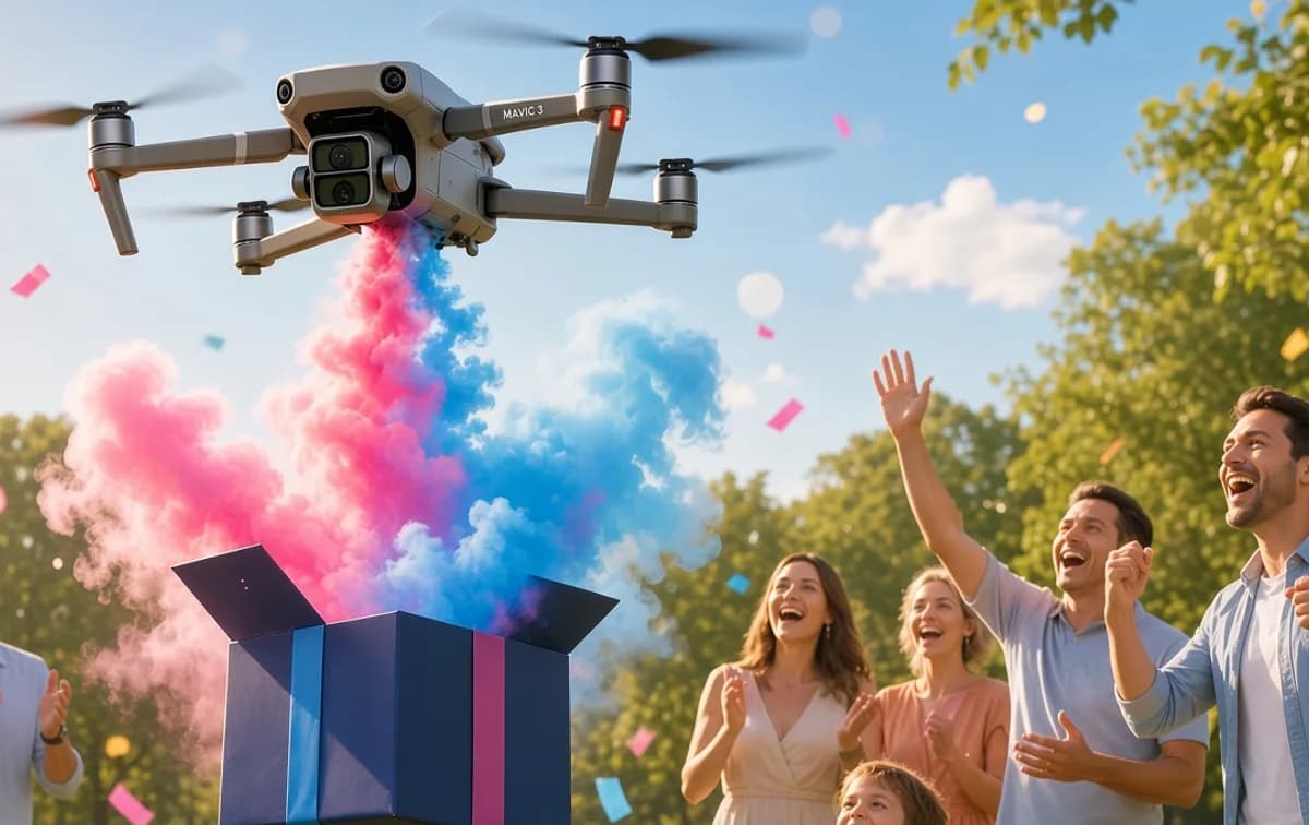 Drone carrying a reveal box above an outdoor gathering