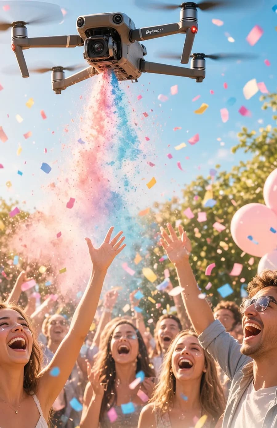 Guests looking upward as a surprise arrives from above