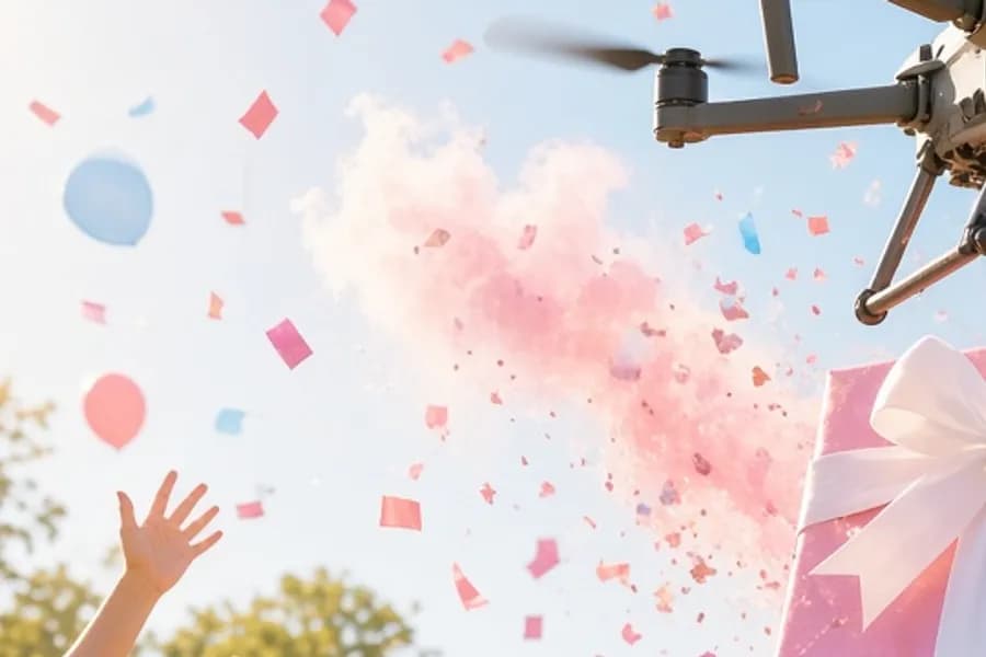 Pink and blue reveal colors above guests gathered outdoors