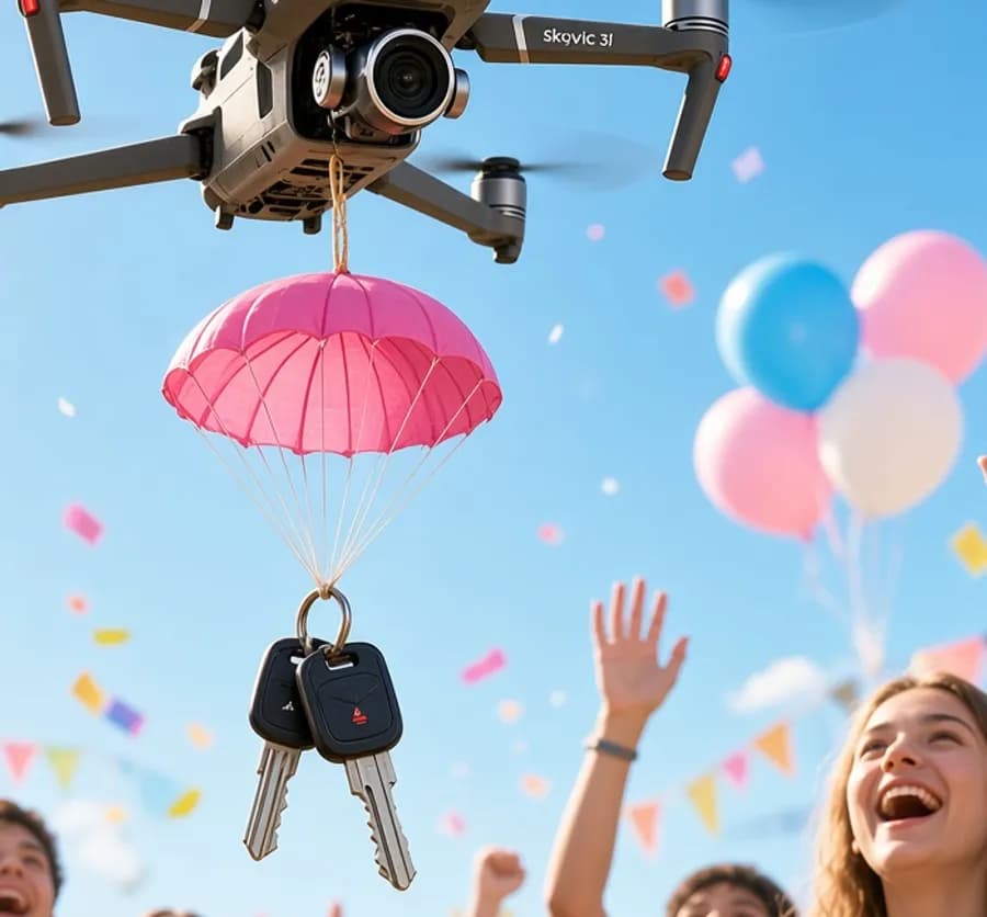 Small gift suspended beneath a drone above a celebration